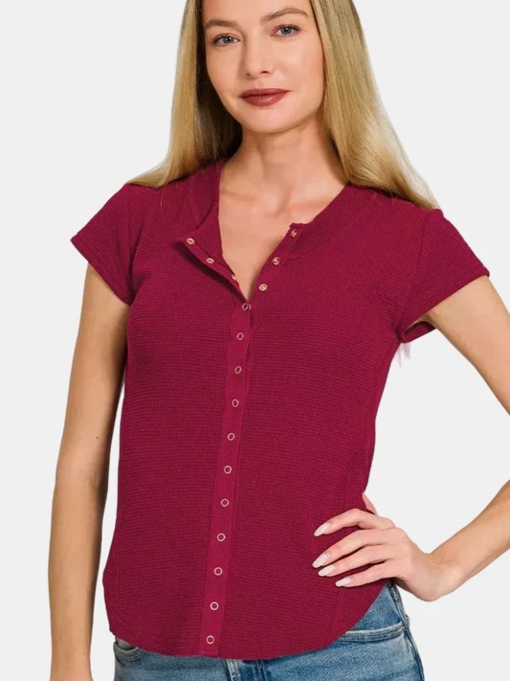 NWOT Zenana Knit Waffle Snap Button Short Sleeve Tee Size L